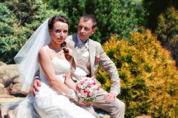 Bride and groom posing in park