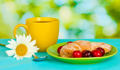 Croissant with cherries and coffee