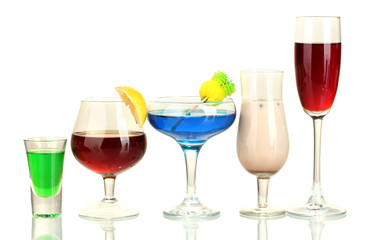 a variety of alcoholic drinks isolated on white