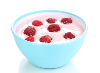 Yogurt with raspberries isolated on white