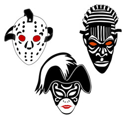 Masks, set of vintage hockey, Venice and African masks, vector