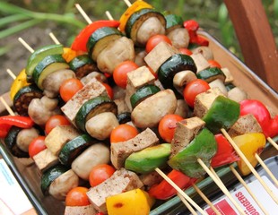 Fresh vegetable Kebabs with tofu, peppers, mushrooms