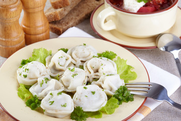 Traditional Russian cuisine. Pelmeni and borscht