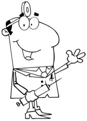 Outlined Doctor Holding Syringe And Waving For Greetings