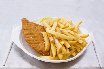 Boring plate with fish fillet and chips