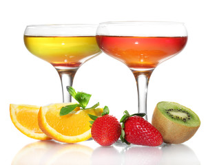 fruit jelly in glasses and fruits isolated on white