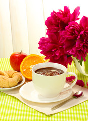 cup hot chocolate, apple, orange, cookies and flowers