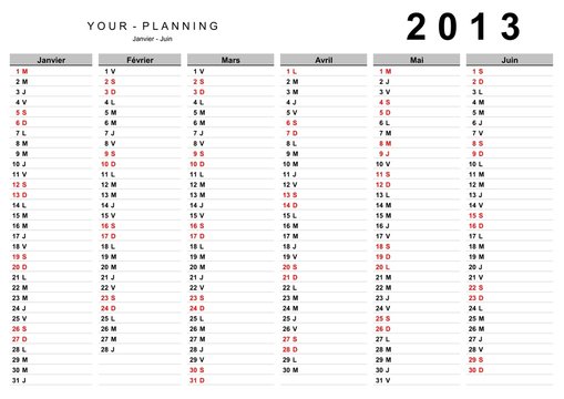 CALENDARIO DA TAVOLO FRANCESE GENNAIO GIUGNO 2013
