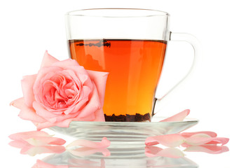 cup of tea with rose isolated on white