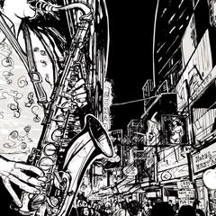 Foto op Plexiglas Muziekband saxofonist die saxofoon speelt in een straat