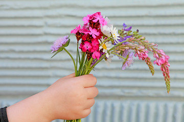 Kinderhand hält Wildblumenstrauß