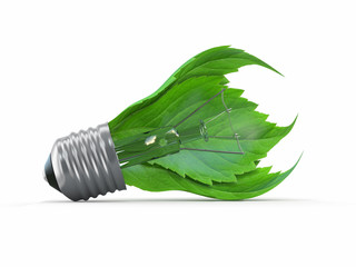 Ecology concept. Light bulb with leaf