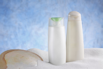 close up of beauty hygiene container on blue sky background