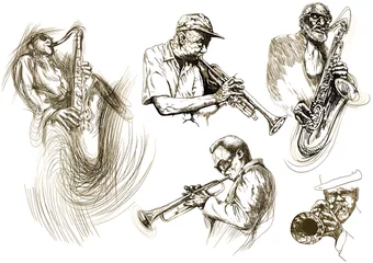 Crédence de cuisine en verre imprimé Groupe de musique hommes de jazz (collection de croquis de dessins à la main)