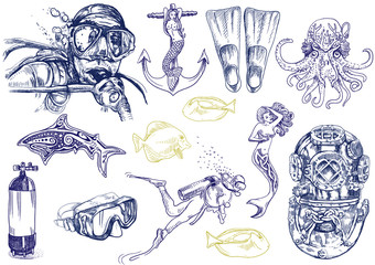 diving - the life of aquatic (hand drawing collection)