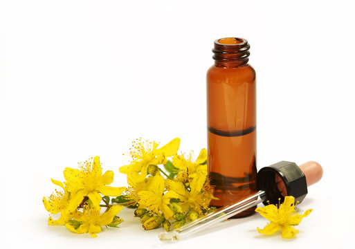 Bachbl&uuml;tentherapie, Bach-flowers, Johanniskraut mit Tropfflasche, freigestellt, ilsoliert, Copyspace