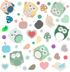 Muurstickers Bright background with owls, leafs, mushrooms and flowers © fotoscool