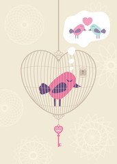 Cage d& 39 amour avec oiseau solitaire. Illustration vectorielle.