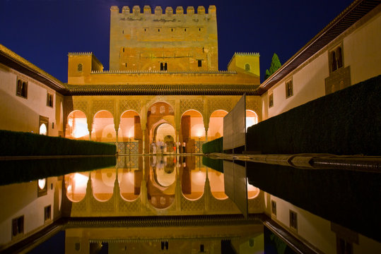 cortyard of Alhambra at night, Granada, Spain
