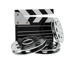 Film and clap board movies symbol 3d. Isolated on white