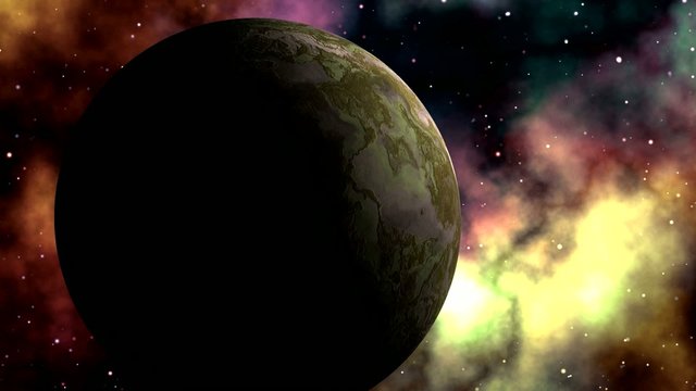 Major planet against bright nebula