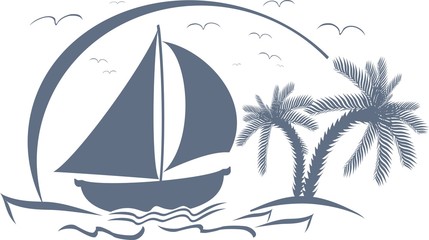 Fototapeta na wymiar sea - ship - seagul - palm