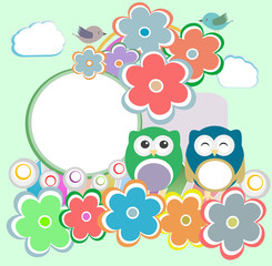 Background with owl, flowers and birds