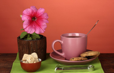 Coffee with sugar for breakfast on a bright colorful background