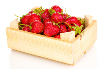 Sweet ripe strawberries in crate isolated on white