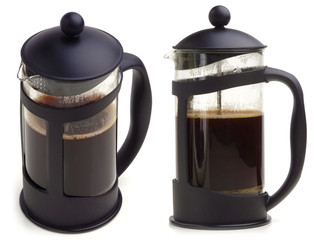 French press coffee maker on white background. In two scenes.