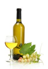 bottle, glass of wine and ripe grapes isolated on white