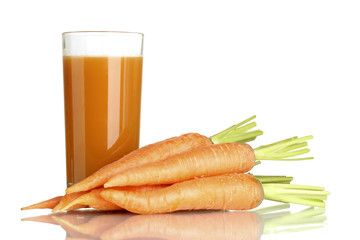 glass of carrot juice and fresh carrots isolated on white