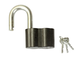 old padlock with key isolated on white background