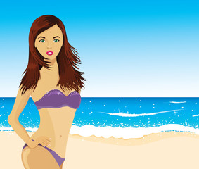 Obraz premium Summer woman on the beach, vector image