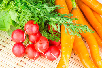 fresh carrots and radishes with tops