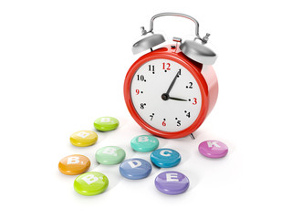 Fototapeta na wymiar 3d illustration: A big red alarm clock with a group of vitamins.