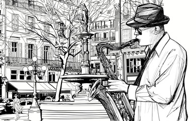 joueur de saxophone dans une rue de Paris
