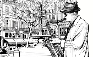 Papier Peint photo Autocollant Groupe de musique joueur de saxophone dans une rue de Paris