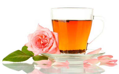 cup of tea with rose isolated on white