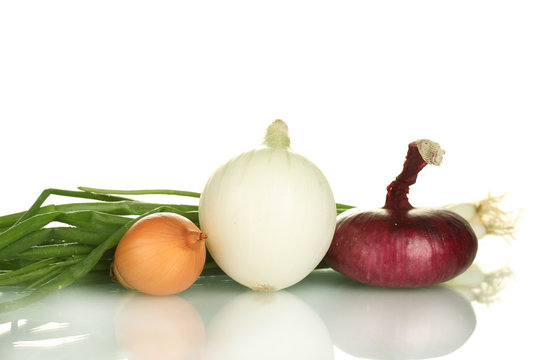 different types of onions on white background close-up