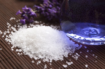 Lavender flowers and the bath salt and essential oil
