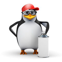 3d Penguin in baseball cap with spray can
