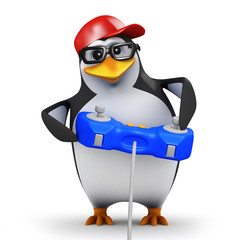 3d Penguin in baseball cap plays videogame