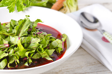Vegetable soup from young, fresh sheets of the beetroot