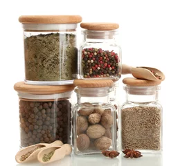 Door stickers Herbs 2 jars and wooden spoons with spices isolated on white