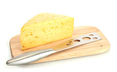tasty cheese and knife on wooden cutting board isolated on