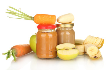 Jars with fruit and vegetables baby food isolated on white