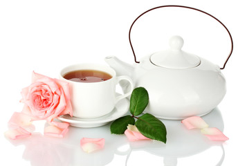 teapot and cup of tea with rose isolated on white