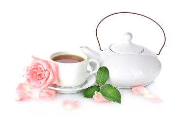 teapot and cup of tea with rose isolated on white