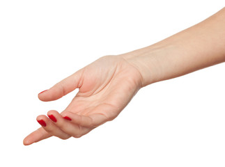 outstretched hand isolated on white. shallow depth of field.
